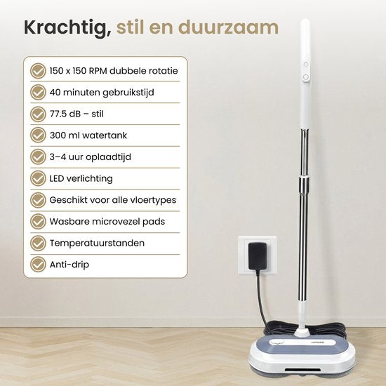 Vapore Elektrische Dweil Draadloos - 150×150 RPM Dual Rotatie - 40 min Accu - LED Verlichting - Vloerreiniger - Alle Harde Vloeren - Stil 77.5 dB - Dweilsysteem met Spray