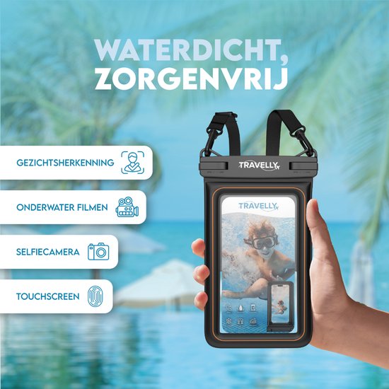 Travelly® Luxe Waterdicht Telefoonhoesje – Universeel Onderwater Hoesje voor Smartphone – Geschikt voor alle telefoons – Drybag – Voor Vakantie, Zwemmen & Watersport - Zwart