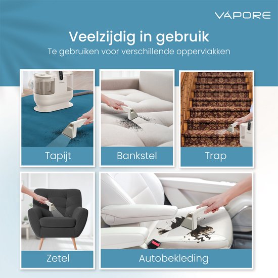 Vapore Vlekkenreiniger – 1200W – Tapijten, Meubels & Auto-interieurs – 12.000 Pa Zuigkracht – Zelfreinigend – Flexibele Slang 1,79 m
