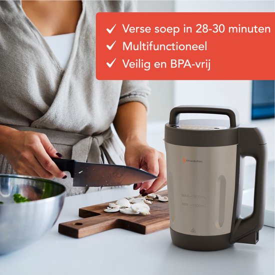 KitchenBrothers Soepmaker - 1.6L - 5 Programma's - Timer Display - Blender - RVS/Zwart