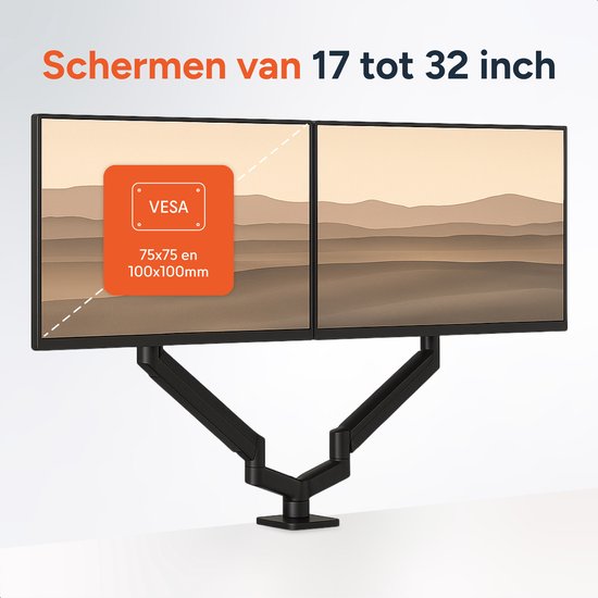 Skoov Monitorarm met gasveer - Voor 13-32 Inch - 2 schermen - Beugel - Monitor - Standaard - Houder - Steun - Extra stabiel - Zwart