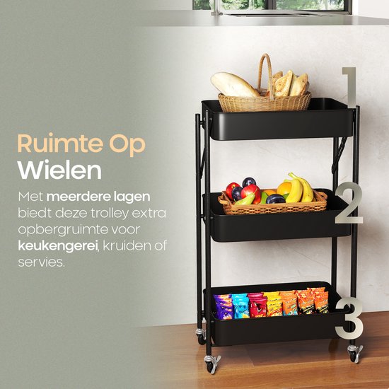 O'DADDY® Keukentrolley Inklapbaar - 3 Lagen - Serveerwagen Op Wieltjes - Keuken Trolley - Roltafel - Opbergtrolley - Opbergkar - Keukenrek - Zwart