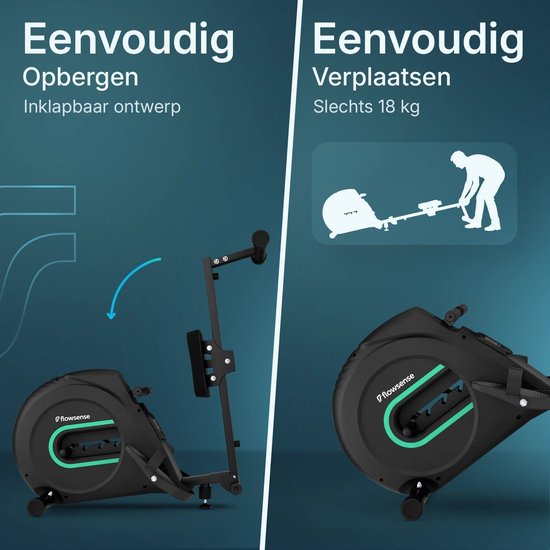 Flowsense Elvora Lite Roeimachine – Inklapbaar Roeiapparaat – Elastische Weerstand – LCD Display – Stil & Compact – Voor Gebruikers tot 200 cm / 115 kg – Thuis Fitness Roeitrainer