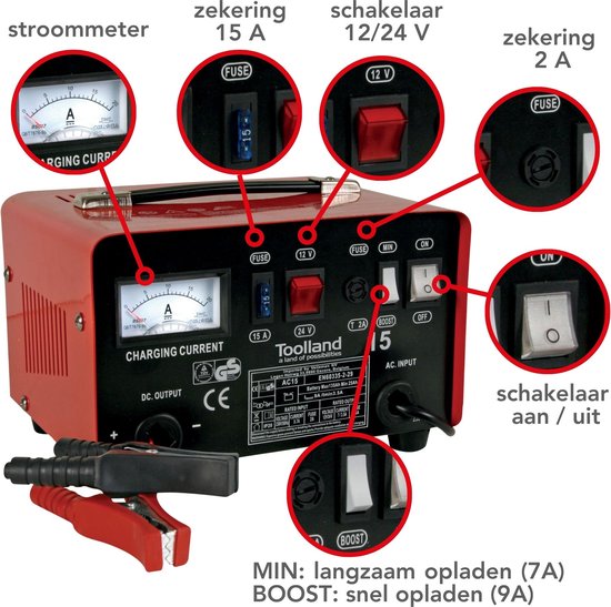 Toolland Acculader 12/24 V, met booster/starthulp 9 A, met thermische overbelastingsbeveiliging, ampèremeter - metalen behuizing, rood