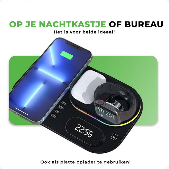 iSetchi Draadloze Qi Oplader 15 Watt Snellader (4-in-1) - Met Quick Charge 3.0 adapter, LED Klok & LED Lamp - Qi Oplaadstation