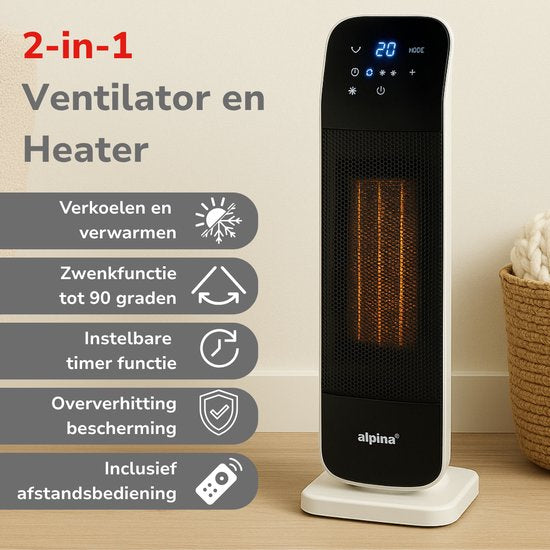 Alpina Keramische Ventilatorkachel KPT-2402D – Voorzien Van Timerfunctie En Luxe Afstandsbediening En Automatische Zwenkfunctie – Voor Slaapkamer En Werkkamer – Zwart En Wit Kunststof – 2000W
