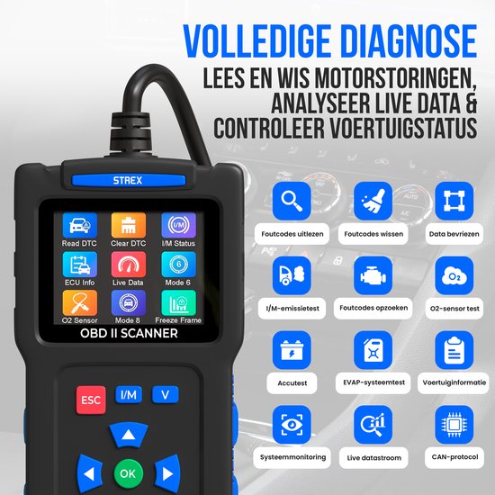Strex OBD2 Scanner - OBD - Auto Uitlezen - Storing Verwijderen - NL Taal - Auto scanner - Diagnose Apparatuur Voor Auto's - Motorstoring