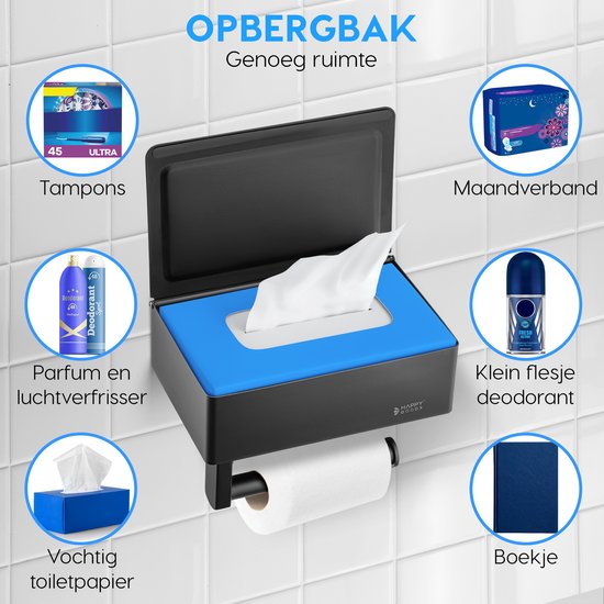 Happy Goods WC Rolhouder met Plankje en Bakje - Zelfklevend / Boren - Toiletrolhouder Zwart zonder Boren - RVS - INCL. Handdoekhaakje