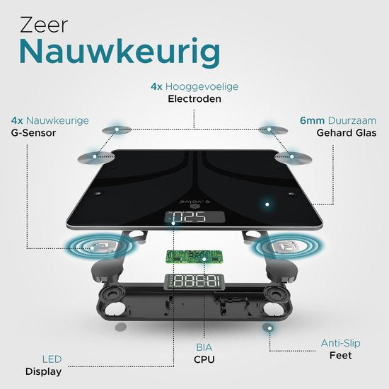 e.volve Weegschaal Personenweegschaal Digitaal - 20x - Zwart - Slimme Weegschaal met Lichaamsanalyse - Precisie Weegschaal - Incl. App