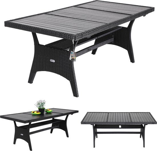 Casaria Tuintafel – Polyrattan & WPC Tafelblad – Verstelbare Poten – 190 x 90 x 75 cm – Zwart