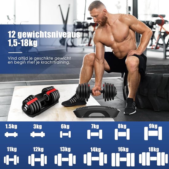DH FitLife Verstelbare Halter - 1,5 tot 18 kg - 12-in-1 Dumbbell - Met Opbergbasis - Krachttraining - Zwart
