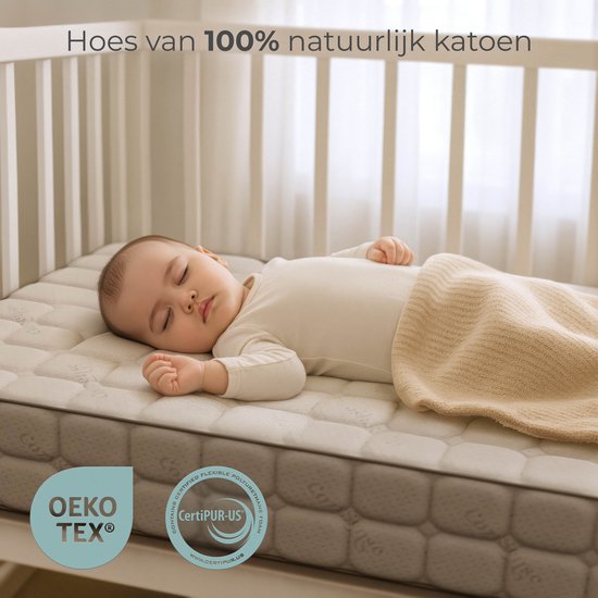 CozySense® Baby Matras 60x120 - Ledikant - Voor Baby’s & Peuters - 100% Katoenen Hoes - Waterdicht & Hypoallergeen - Drukverlagend Gel Traagschuim