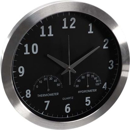 Perel Wandklok, rond, analoog, 35,5 cm, radiogestuurde tijdsaanduiding (DCF), met thermometer en hygrometer, aluminium, zilver