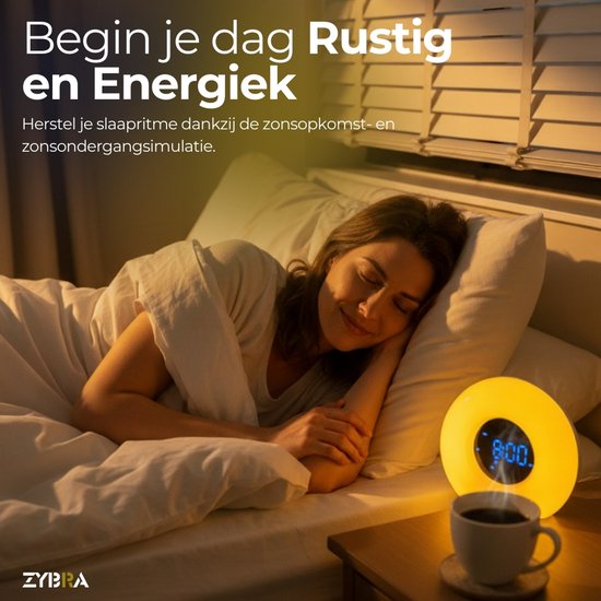 Zybra® Premium Wake Up Light - Digitale Wekker - Lichtwekker - Nachtlampje - Wekker - 20 Helderheid niveaus - 25 White Noise geluiden - Incl. Nederlandse handleiding