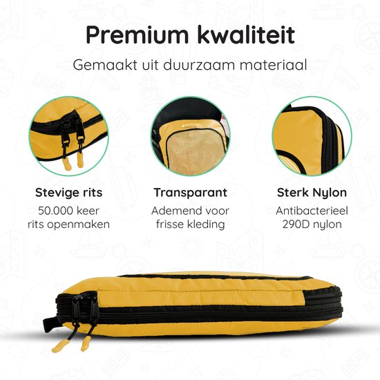 Volcan Compression Packing Cubes - Koffer Organizer Set - Met Compressierits - Backpack & Koffer - Set van 4 - Oker