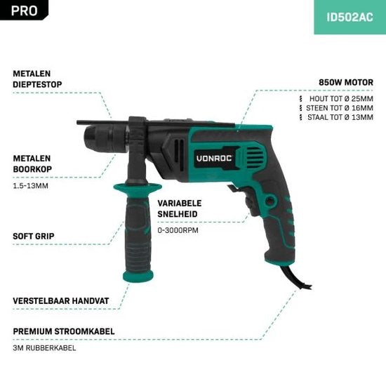 VONROC PRO Klopboormachine 850W - Ø13mm – metalen snelspanboorkop – variabele snelheid – 3m rubberen kabel - Incl. Diepte aanslag en extra handgreep