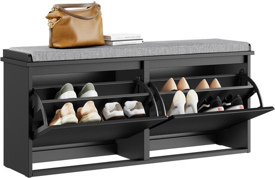 SoBuy Schoenenbank met Gevoerd Kussen - Schoenenkast met 2 Kleppen - Opbergkast voor schoenen - Zwart, 100x26x46 cm, FSR98-XL-SCH