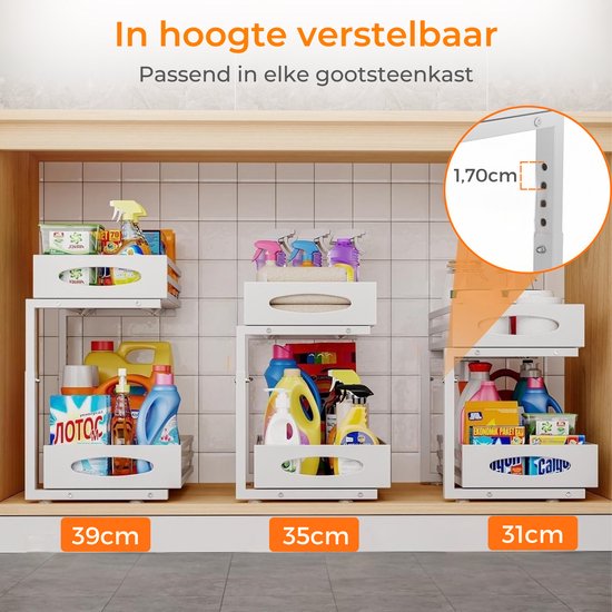 Posity Keukenkast Organizer - Gootsteenkast Organizer - Aanrecht Organizer - Opbergrek - Badkamer Organizer - Keukrenrek - Uitschuifbaar - Metaal - Wit