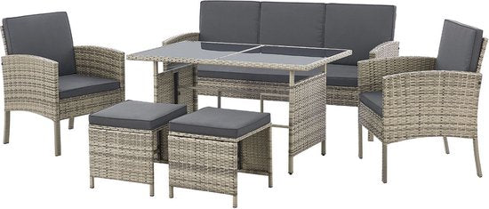 Tuinset / Loungeset / Zitgroep Turin - 7 personen - Polyrattan - Incl. kussens - Grijs