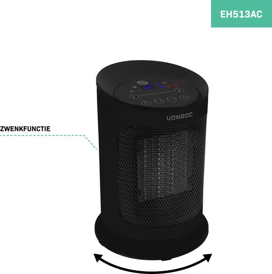 VONROC Elektrische kachel - ventilatorkachel - 1200W/1800W - keramisch - 3 standen - thermostaat - timer - LED-scherm - zwenkfunctie – incl. afstandsbediening - 20m2