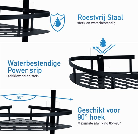 Happy Goods Doucherek - 3 laags - Zelfklevend - RVS - Zwart