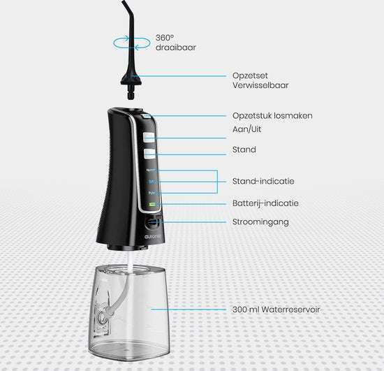 Auronic Waterflosser - Monddouche Elektrisch - 3 Standen - Draadloos en Oplaadbaar - 300 ml - 4 Opzetstukjes - Zwart