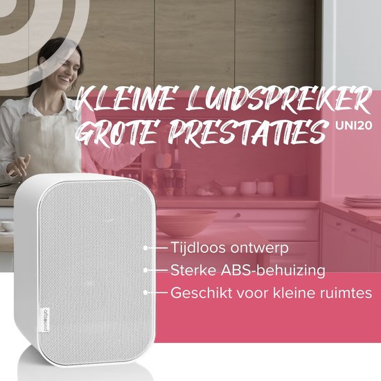 Artsound UNI20, Set van 2 passieve luidsprekers, 2-weg hifi luidspreker, 10-40 watt, muurbeugel met kogelgewricht, geschikt voor ruimtes tot 20 m² zoals gang, keuken, toilet, kleur: wit