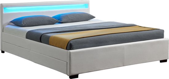Juskys Gestoffeerd bed - 140 x 200 cm - Wit - LED Verlichting & Bedlades