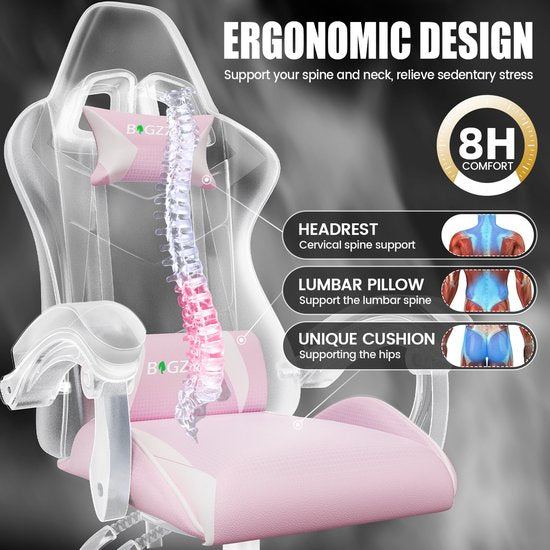 Bigzzia Gamingstoel - Ergonomische bureaustoel van PU-leer - In hoogte verstelbaar - Met lendenkussen en hoofdsteun - Comfortabele gamestoel voor volwassenen - Meisjes en jongens