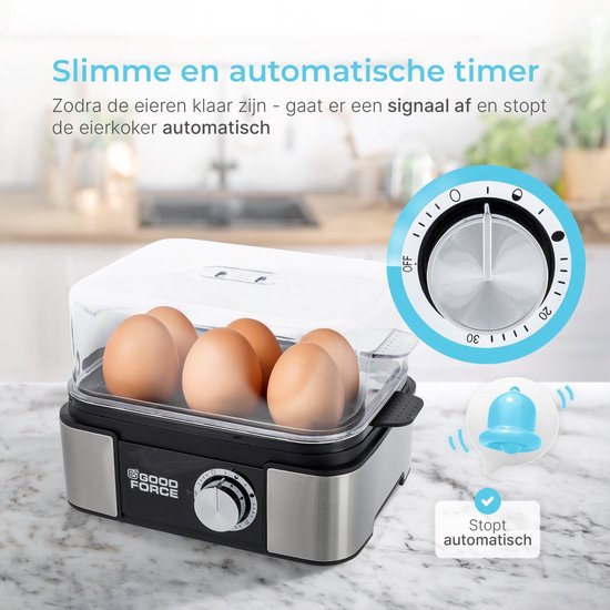 GoodForce Automatische Eierkoker - Met Timer - Met Alarm - 6 Eieren - Elektrisch - Incl. Maatbeker - Incl. eiprikker - RVS - Vaatwasserbestendig