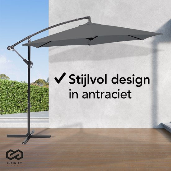 Infinity Goods Zweefparasol - 300CM - Incl. Kruisvoet - Waterdicht - Draai- en kantelbaar - Verstelbare Hoogte - Antraciet