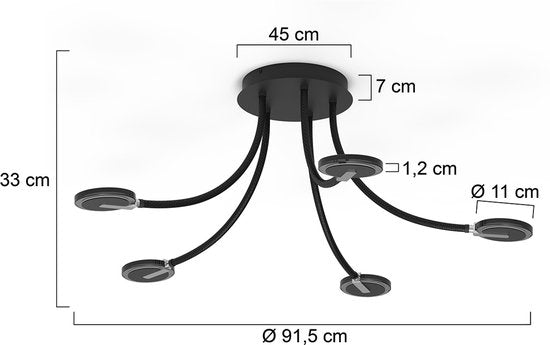 Plafonnieres Turound 3376ZW Zwart - Draaibaar en kantelbaar, van glas en metaal, Ø 91,5 cm, Steinhauer