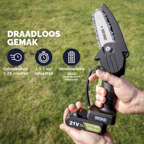 BREND BR-2236 Elektrische Mini Kettingzaag met Accu en Opbergkoffer – Draadloze Snoeizaag voor Takken en Stammen – 20 Min Zaagtijd – Zwart