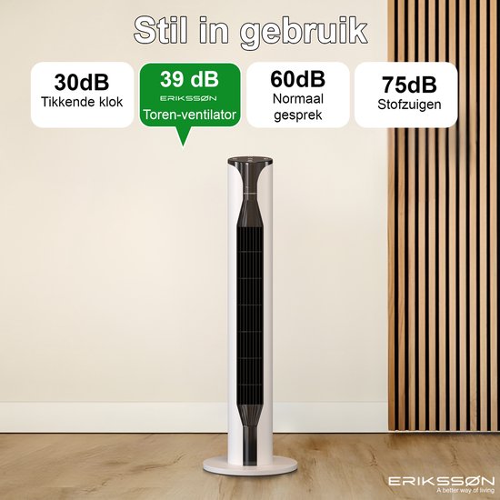 Erikssøn Torenventilator - Silent Comfort Series - Staande Ventilator met Afstandsbediening - Timer - 55W - 39 dB - 106cm - Wit