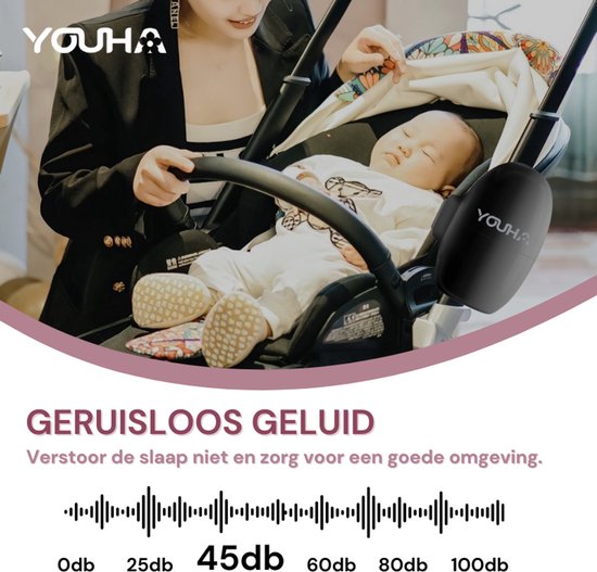 Youha Baby Rocker – Automatisch je kinderwagen of buggy wiegen - Handen vrij van het wiegen - Rocker voor kinderwagen - Slaaphulp baby - 5 wiegstanden - Inclusief opbergtasje & oplaadkabel - kleur: zwart