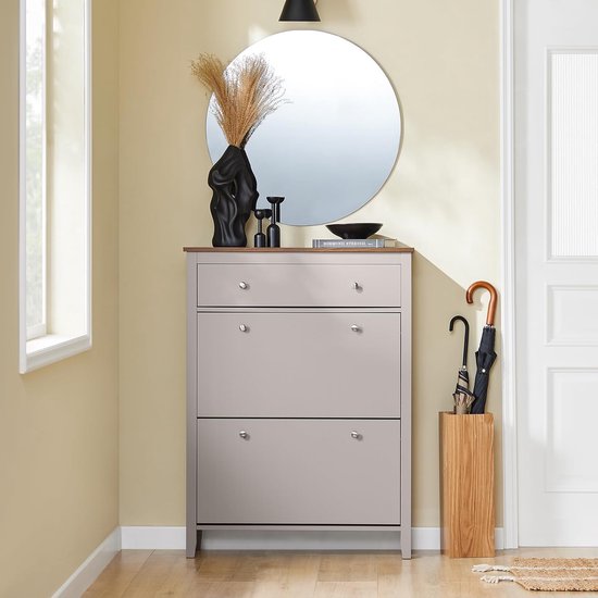 SoBuy FSR89-KA Schoenenkast met 2 Kleppen & Grote Lade – 12 paar schoenenopberglade voor entree, hal – Schoenenrek lichtbruin, 80×25×108cm