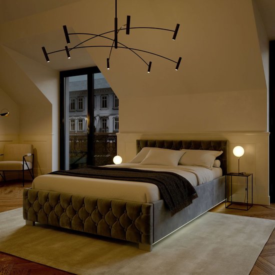 Juskys - Gestoffeerd Bed Nizza - 140 x 200 cm - Grijs & Fluweel - Met LED Verlichting & Bedlade - Modern Design - Inclusief Lattenbodem