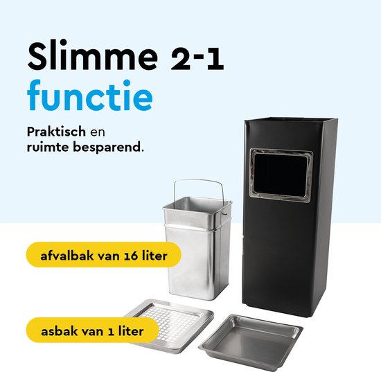 BRASQ Staande Asbak Zwart - Buiten Asbak met 16 Liter Afvalbak - Rookpaal - Prullenbak met Asbak
