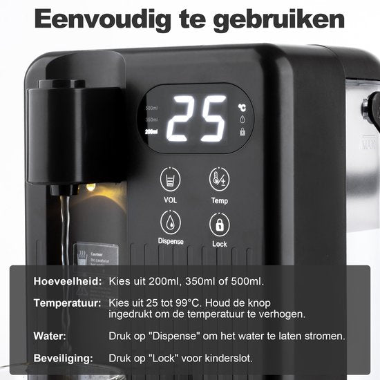 Heetwaterdispenser - 3L - Kunststof - BPA vrij - 2000W - 26.50x23.50x35 cm - Zwart