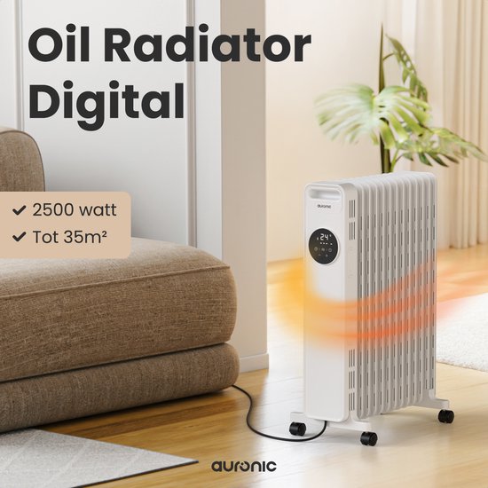 Auronic Olieradiator - Elektrische Kachel - 3 standen - met afstandbediening - 2500W Heater - Wit