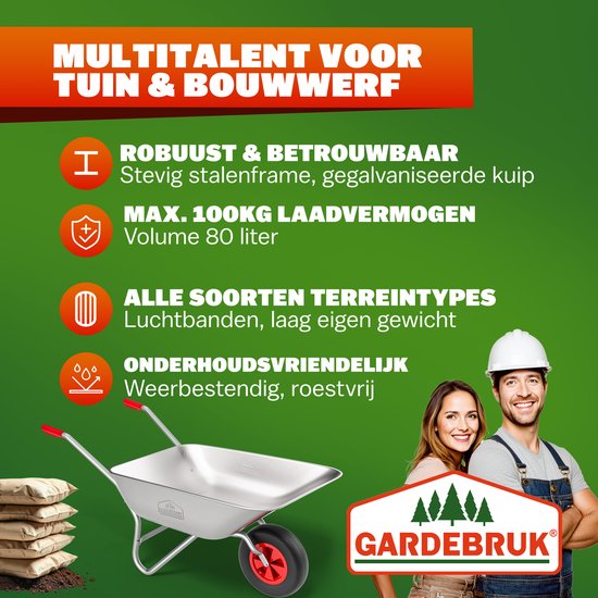 Gardebruk Kruiwagen 80 liter – Belastbaarheid 100 kg - Zilver