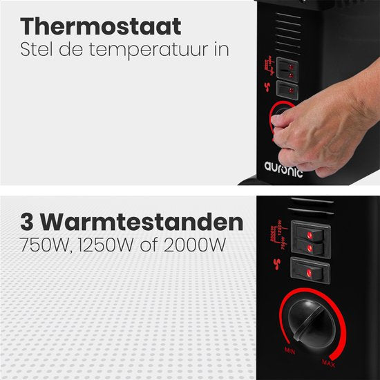 Auronic Elektrische Convectorkachel - 750/1250/2000 Watt - Met Ventilator - Verwarming - Ventilatorkachel - Zwart