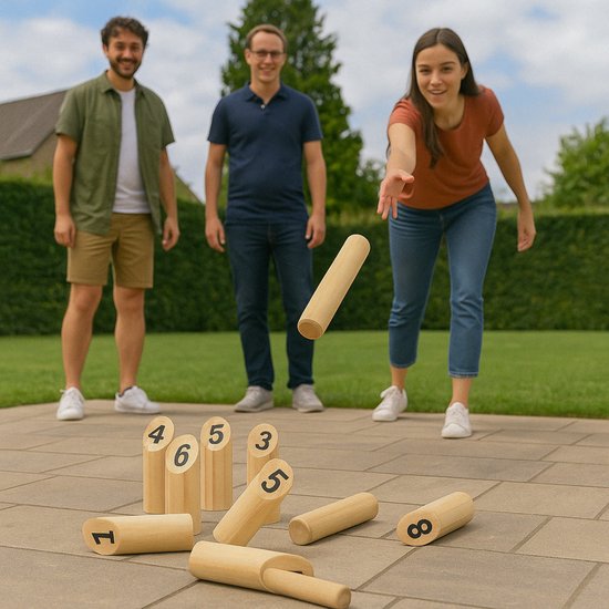 Eddy Toys Houten Pinspel 13-delig - Buitenspel voor Kinderen en Volwassenen - Tradionele Finse Werpspel van Hout - Outdoor Familiespel met Nummers