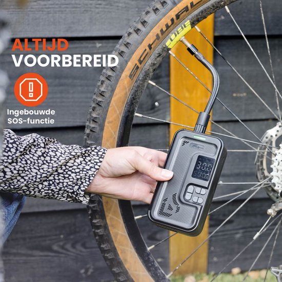 QLT Luchtcompressor met Opbergvak – Draadloze Mini Compressor met LED Drukindicator, SOS-Functie en Accessoires voor Auto, Fiets of Luchtbed