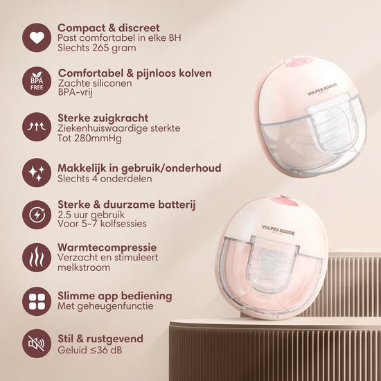 Vulpes Goods® BabyCare - Elektrische Borstkolf Elite - Handsfree Borstkolf - Dubbele Draadloze Borstkolf - Warmtecompressie - BPA-Vrij - App - Incl. Reiskoffer, Borstschildverkleiners, 60 Bewaarzakjes & Meer - Roze