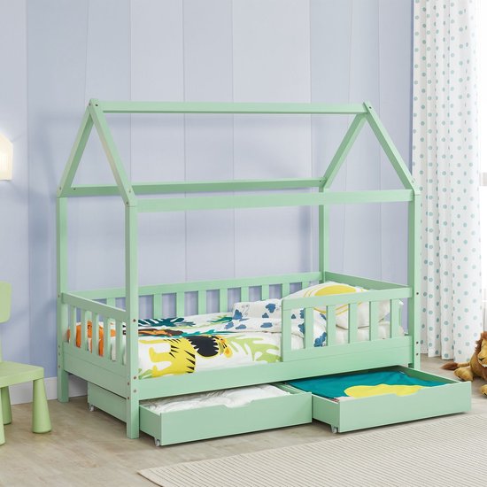 Juskys – Marli Kinderbed & Huisbed Met Bedladen – 90 x 200 cm – Voorzien Van Uitvalbeveiliging En Lattenbodem – Voor Jongens En Meisjes – Mint Grenenhout
