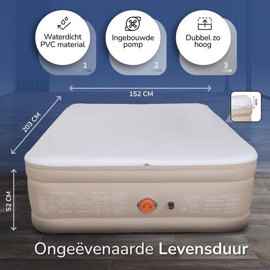 FLOAT CloudSpring - 2 Persoons luchtbed met (5 cm) Foam Topper - <3 min snel opgeblazen - Inclusief 2 opbergzakken, draagtas en reparatiekit - 203x152x46 cm - Zelfopblazend Twee persoons luchtmatras - Ingebouwde elektrische pomp - Stevig Logeerbed