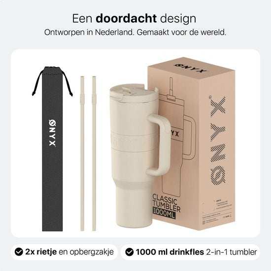 ONYX Drinkfles met Rietje 1 Liter - Waterfles voor Kinderen & Volwassenen - Thermosbeker RVS Travel Mug - Motiverende Drinkbus - Drinkbeker voor School - Sand Beige