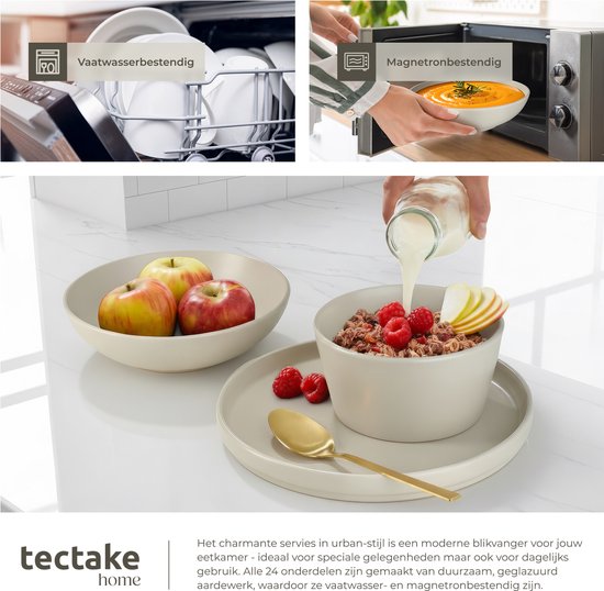 tectake® Serviesset Una - 24-delig - Aardewerk - 6 Persoons - Stijlvol en Duurzaam Servies - Bordenset met Grote en Kleine Borden, Kommen, Schaaltjes - Taupe