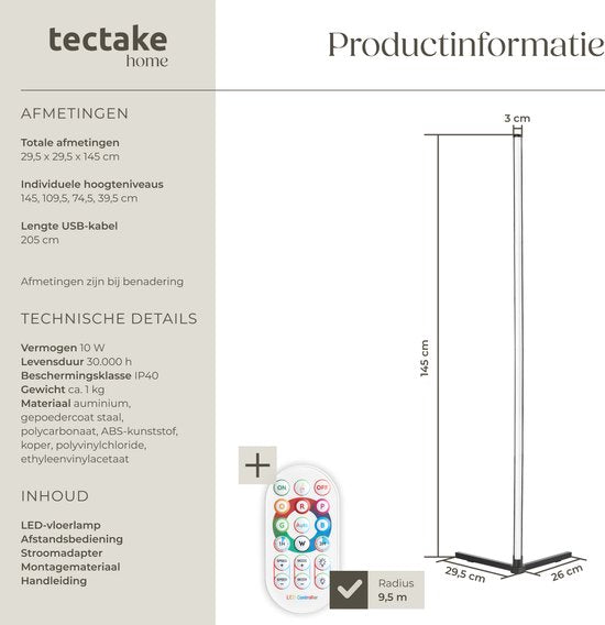 tectake® Slimme LED Vloerlamp Spectra - Hoeklamp met 16 miljoen Kleuren - 200 Lichteffecten - Staande Smart Lamp - 145 cm - Dimbaar - Bediening met App, Afstandsbediening, Knop en Spraak - Woonkamer Vloer Lamp - Sfeerverlichting